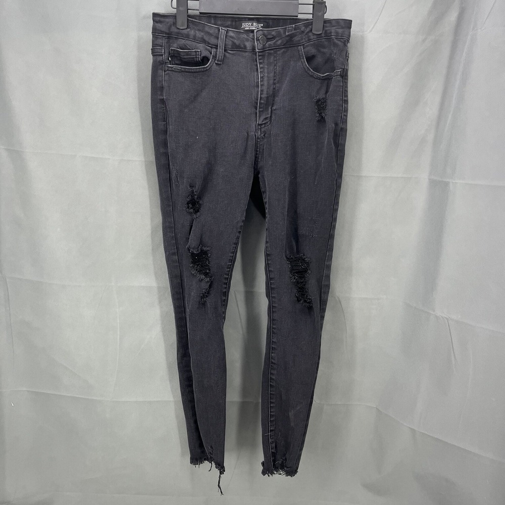 Judy Blue Jeans Womens 30 Black High Rise Skinny Stretch Distressed Raw Hem